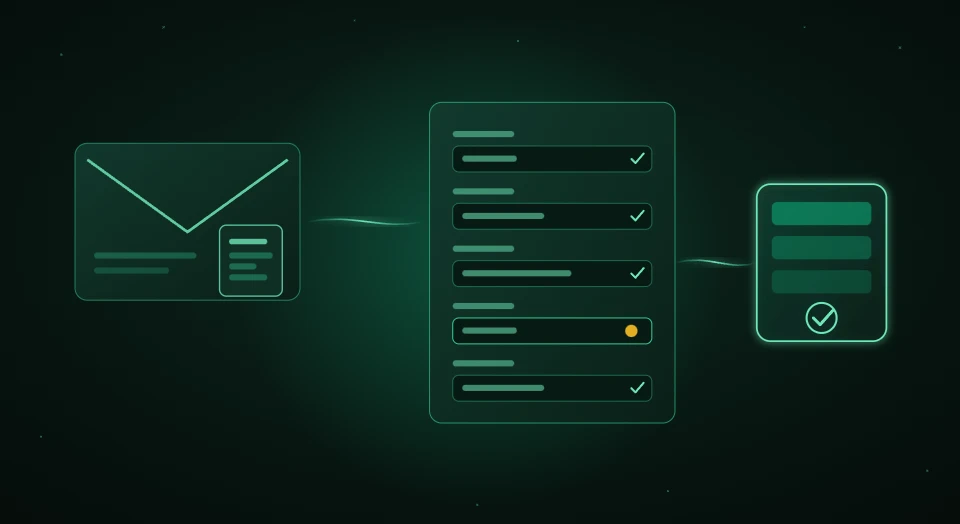 Illustration: e-mail with a PDF order, a checked order proposal with one open deviation and a confirmed ERP transaction