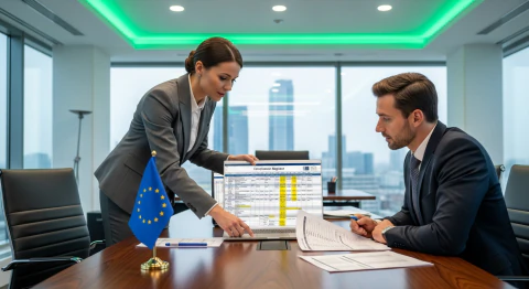 Symbolic image for the DORA register of information: Two compliance professionals reviewing a tabular register on a laptop, with an EU flag beside them
