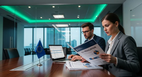 Illustration for the DORA Regulation: EU flag and digital network structures above a banking skyline
