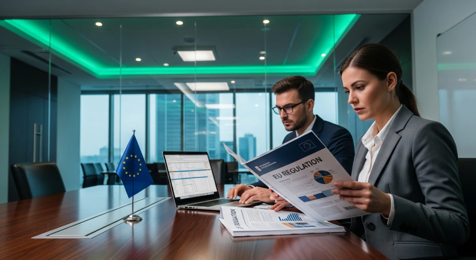 Symbolbild zur DORA-Verordnung: EU-Flagge und digitale Netzwerkstrukturen über einer Bankenskyline