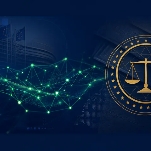 Symbolic image EU AI Act: AI node network with glowing connections on dark blue background, styled as a regulatory framework