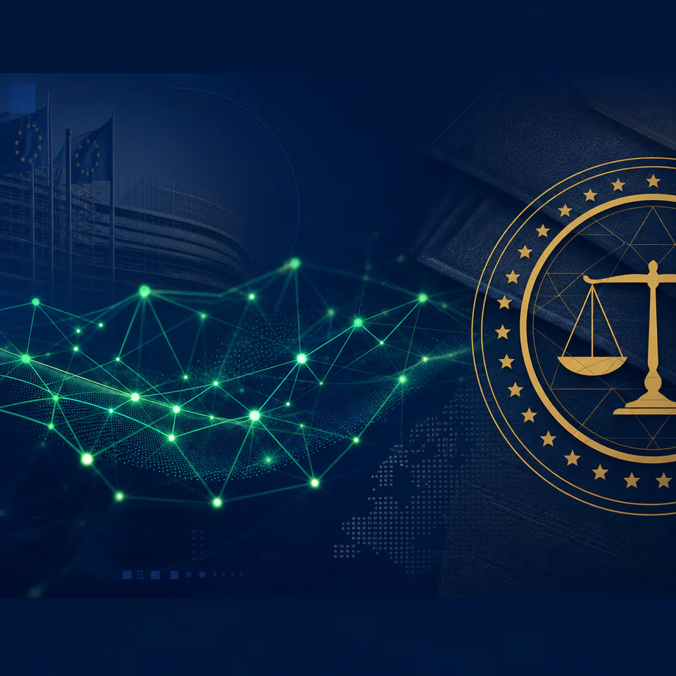 Symbolic image EU AI Act: AI node network with glowing connections on dark blue background, styled as a regulatory framework