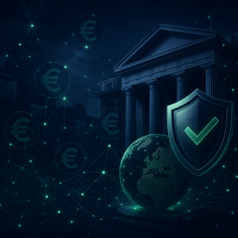 Illustration for the EU AML package: abstract financial network with euro symbolism on a dark background