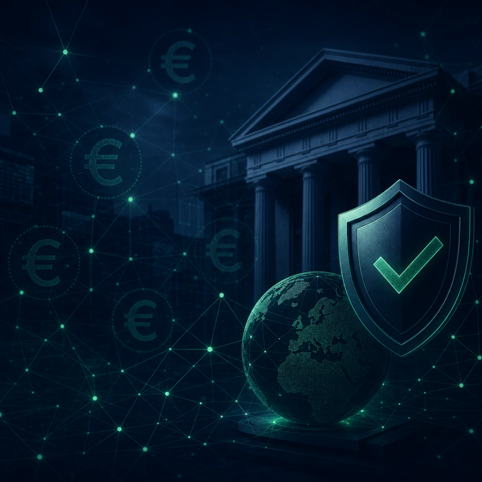 Illustration for the EU AML package: abstract financial network with euro symbolism on a dark background