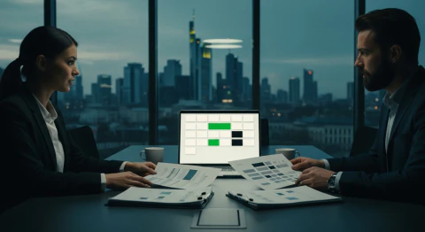 Symbolic image for GRC software selection: two banking professionals compare vendor documents at a conference table with a laptop showing an abstract criteria matrix, the Frankfurt banking skyline in the background