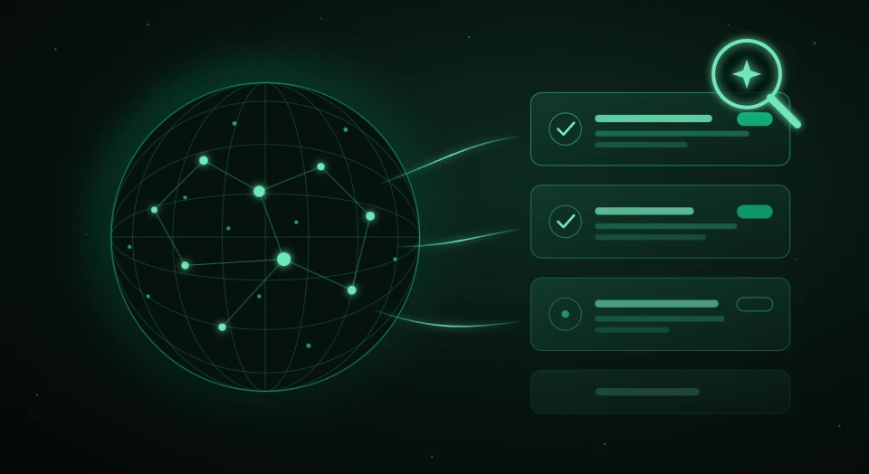 Illustration: globe with networked GRC providers whose AI evidence flows into a checked provider register
