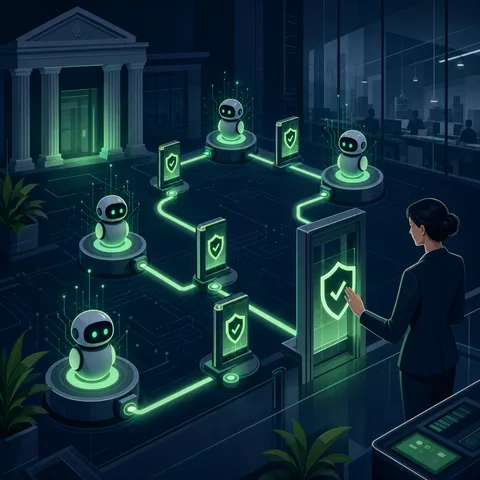 Symbolic image of agentic AI in a bank: connected agent nodes run through a multi-step action chain with checkpoints, a human figure approves an action at a gate, dark background with emerald accents