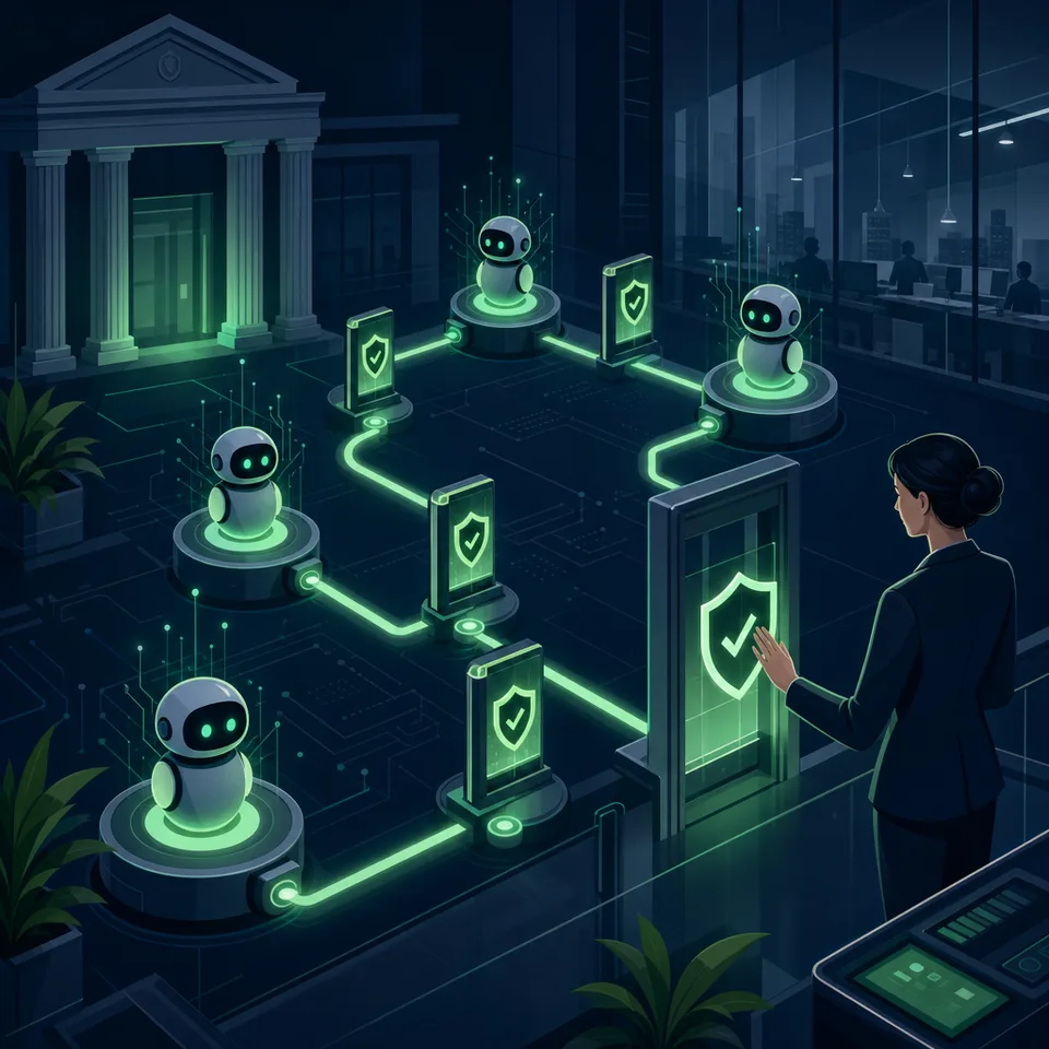 Symbolic image of agentic AI in a bank: connected agent nodes run through a multi-step action chain with checkpoints, a human figure approves an action at a gate, dark background with emerald accents