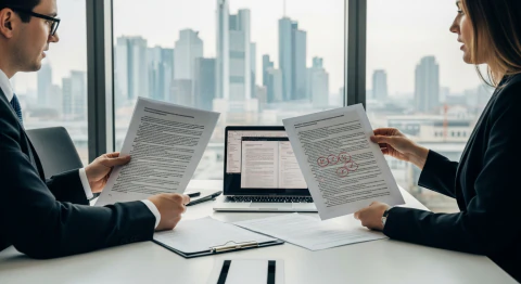 Symbolic image for the 9th MaRisk amendment: two compliance professionals at a conference table comparing two printed versions of a circular, one with revision marks, with the Frankfurt banking skyline in the background