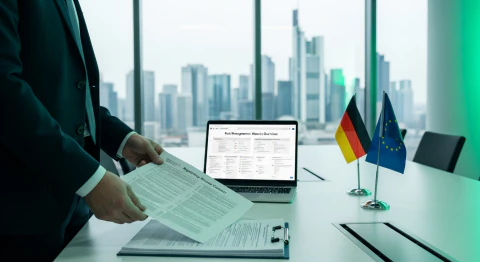 Symbolic image for the MaRisk: a risk manager reviewing a printed BaFin circular at a conference table, with the Frankfurt banking skyline in the background