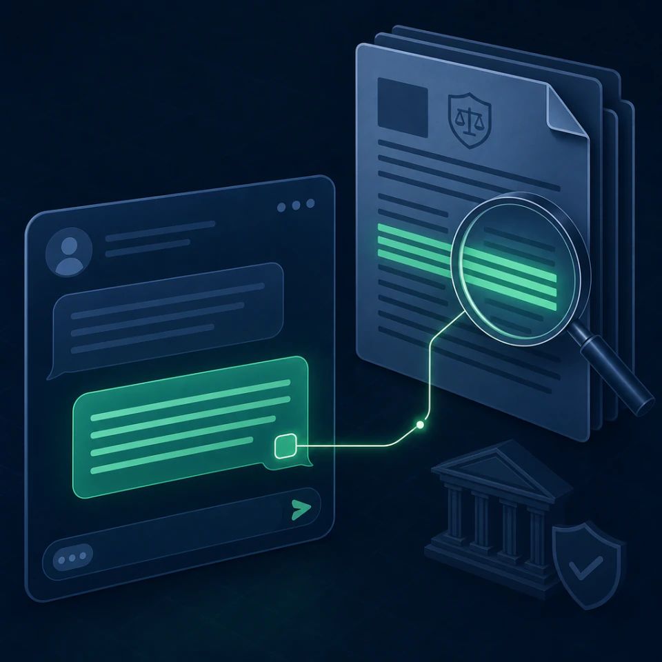 Symbolic image of a RAG chatbot in banking: stylised chat window with an answer bubble and a citation marker, glowing lines connect the citation marker to a highlighted passage in a stack of regulatory documents, a magnifying lens above, dark blue background with emerald accents