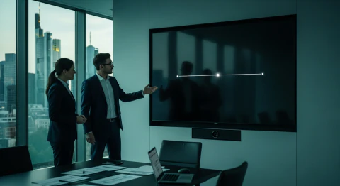 Symbolic image for the banking regulation roadmap: two compliance professionals in front of a large timeline with milestones for the years 2026 to 2028, with the Frankfurt banking skyline in the background