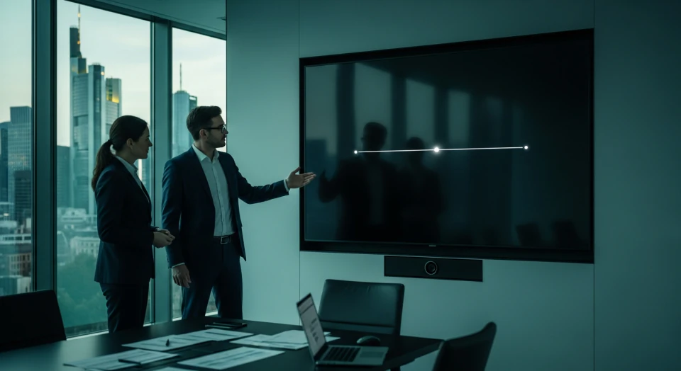 Symbolic image for the banking regulation roadmap: two compliance professionals in front of a large timeline with milestones for the years 2026 to 2028, with the Frankfurt banking skyline in the background