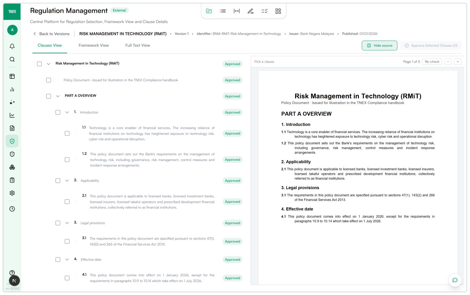 T-NEX Compliance shows identified clauses on the left and the source document on the right for direct comparison.