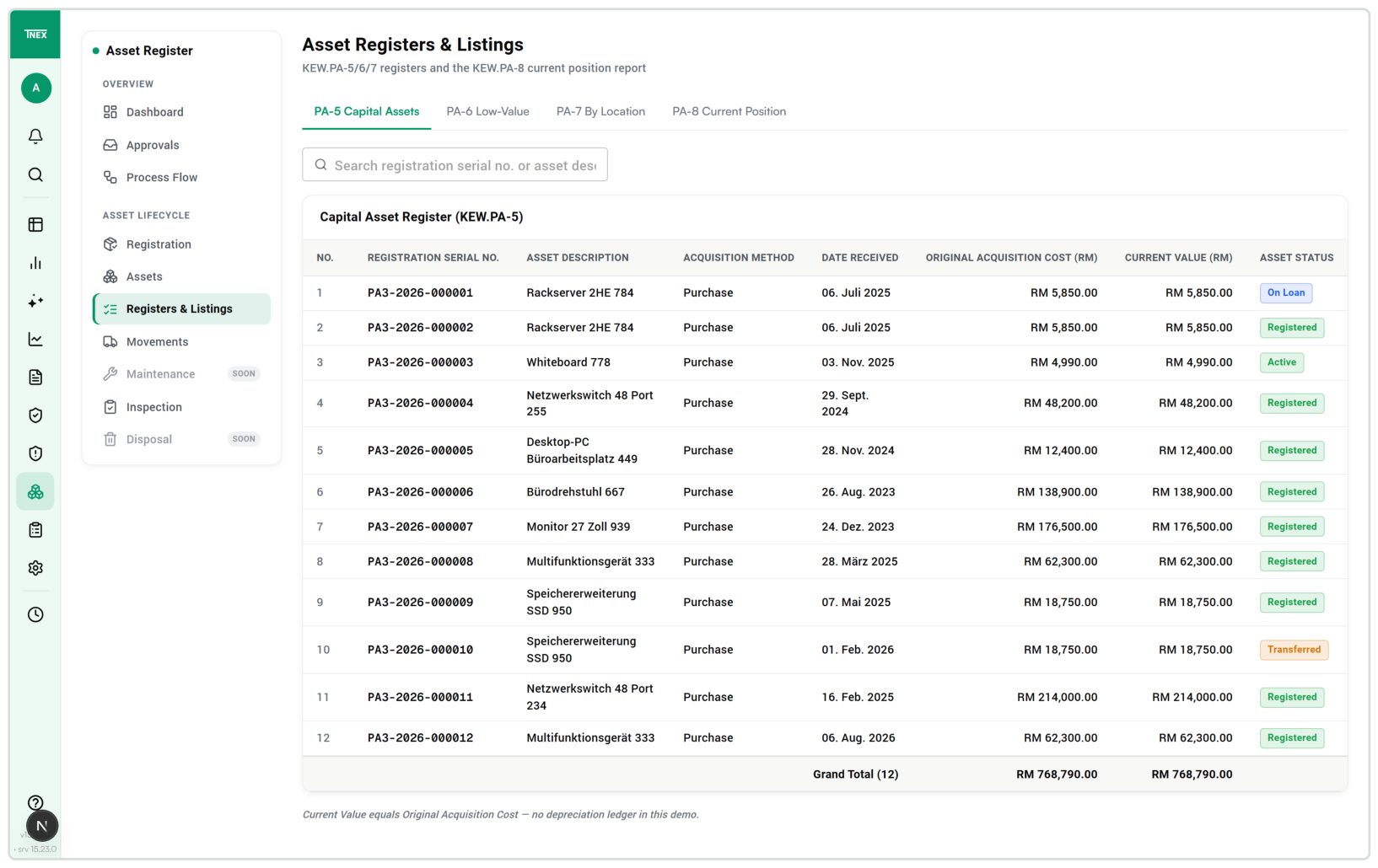 Look up registered assets: Registration number · acquisition value · status