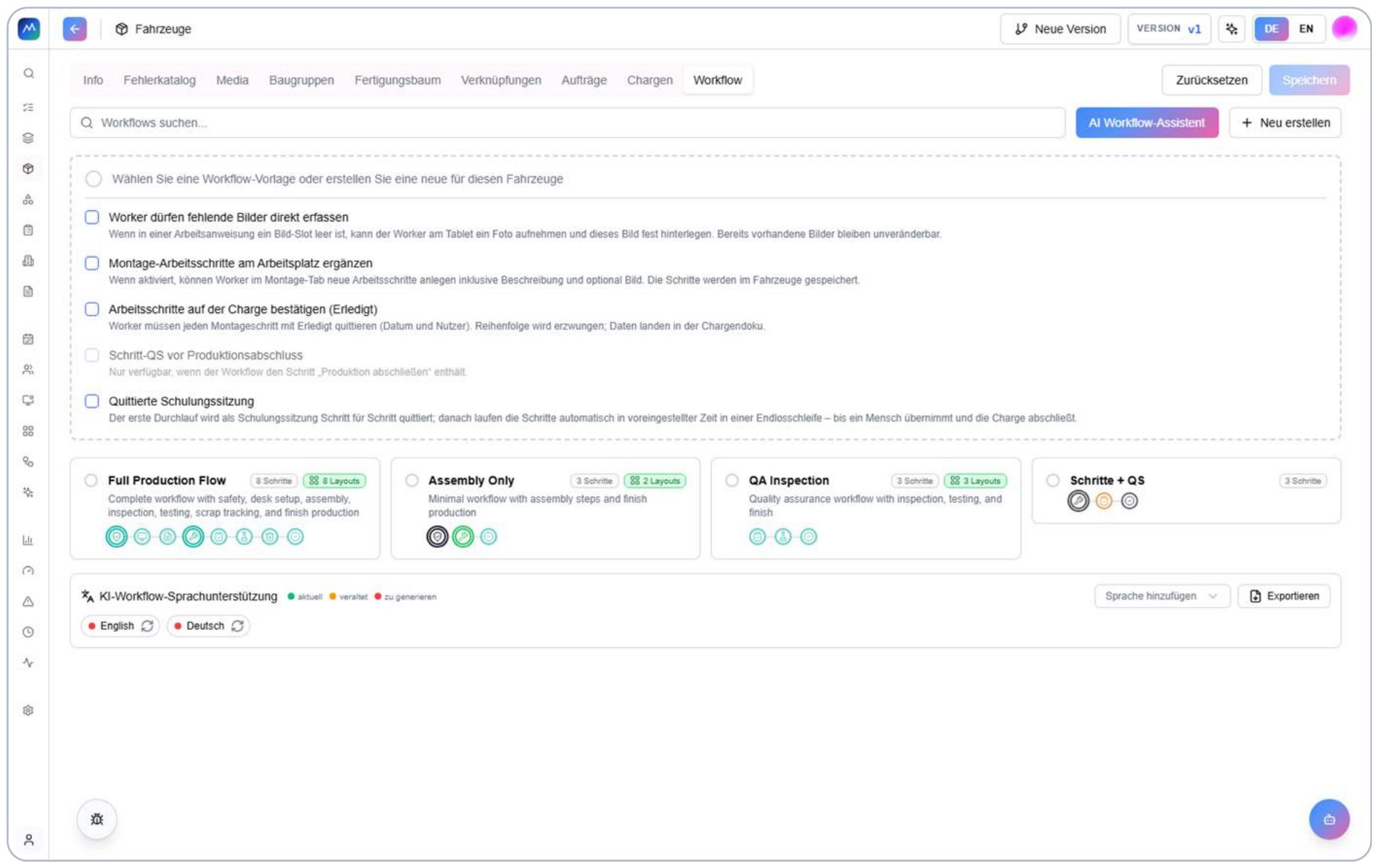 Configure the workflow: Template · layouts · photo capture · step confirmation