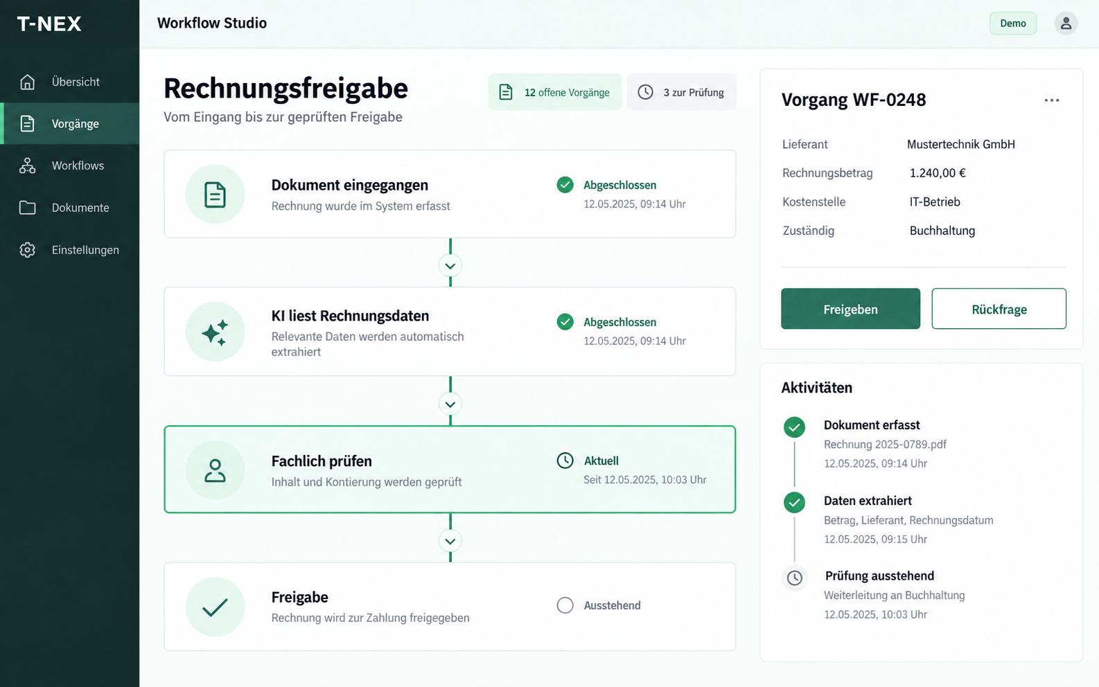 T-NEX Workflow Studio: Demo eines Rechnungsablaufs mit KI-Auswertung, Prüfung und Freigabe.
