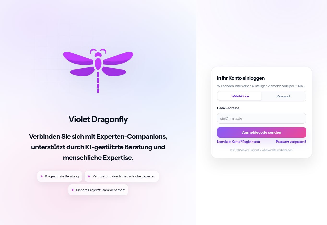 Violet Dragonfly sign-in interface with email code and password options