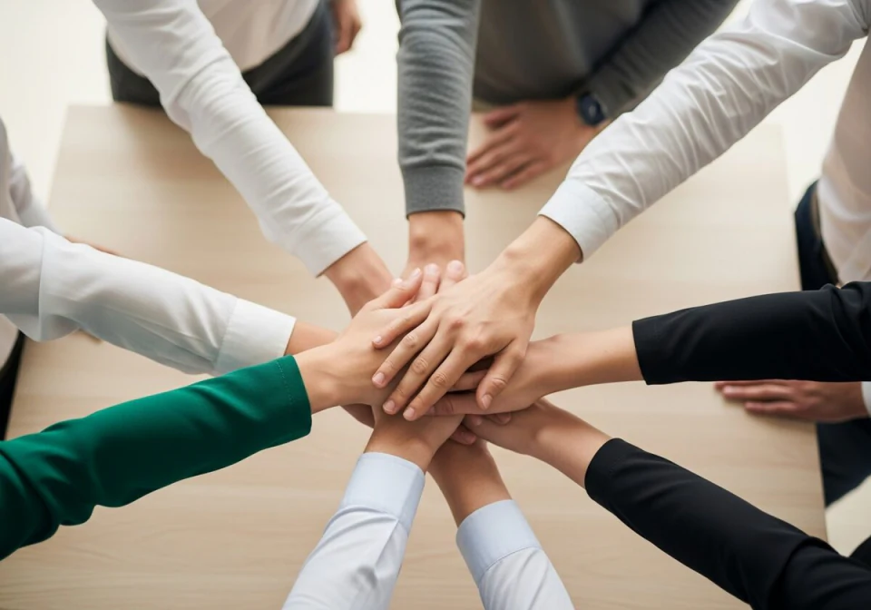 Many hands stacked together in the middle of a circle, photographed from above, symbolizing teamwork